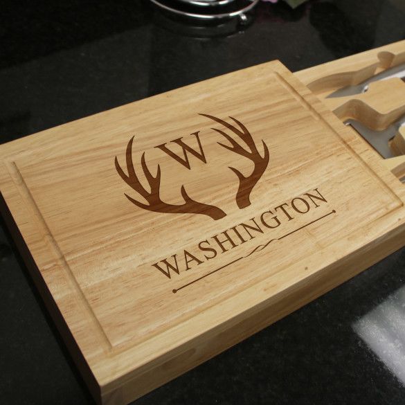 Custom Engraved Antler Rack Cheese Board Set - Slide-Out Drawer