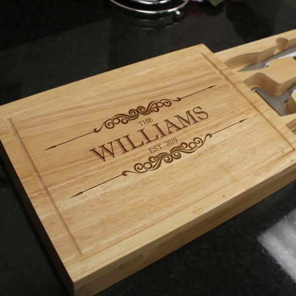 Custom Engraved Family Name Cheese Board Set with Tools - Slide-Out Drawer