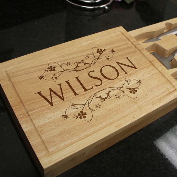 Custom Engraved Vine Design Cheese Board Set - Slide-Out Drawer