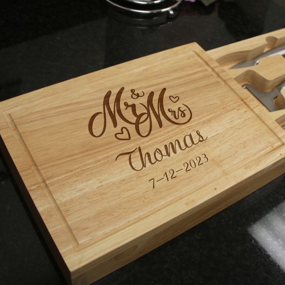 Personalized Engraved Mr & Mrs Cheese Board Set - Slide-Out Drawer