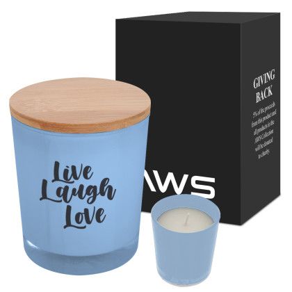 Light Blue Customized Logo AWS Bamboo Soy Candle | Promotional Candle Gifts