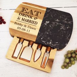 Eat, Drink, and Be Married Engraved Black Marble Cheeseboard Set
