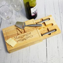 Custom Engraved Cheese Board Set with Family Name