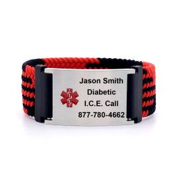 Adjustable Black and Red Fabric Engraved Medical ID Bracelet