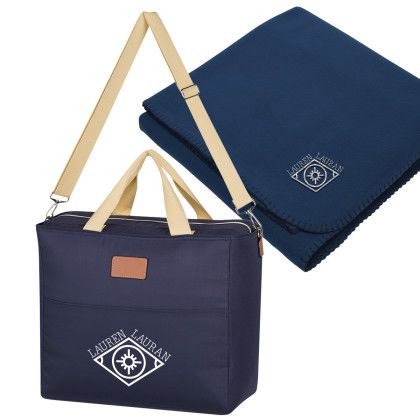 Custom Hefty Cooler Bag with Fleece Blanket - Navy Blanket, Black Bag