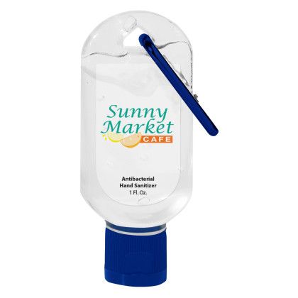 Custom 1 oz. Hand Sanitizer With Carabiner - Translucent Blue with Clear Label Custom 1 oz. Hand Sanitizer With Carabiner - Translucent Blue with Clear Label