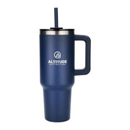 Custom Pinnacle 40 oz Insulated Eco-Friendly Travel Tumbler With Straw - Navy Blue