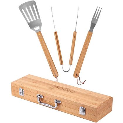 Custom 3-Piece BBQ Grill Utensil Set with Bamboo Case