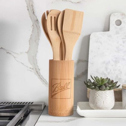 Custom 5 Piece Bamboo Utensil Set With Holder