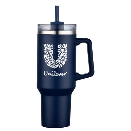 Custom 40 oz Double Wall Tumbler With Handle and Straw - Navy Blue