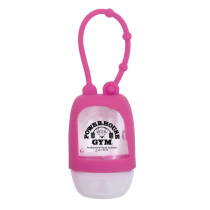 Custom 1 oz Travel Antibacterial Hand Sanitizer with Silicone Strap - Neon Pink