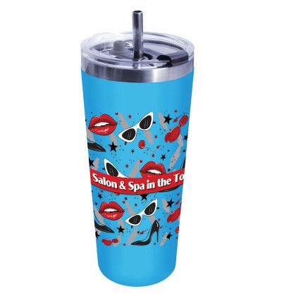 Custom Full Color 22oz Memphis Tumbler Flip Top Lid & Stainless Straw - Blue