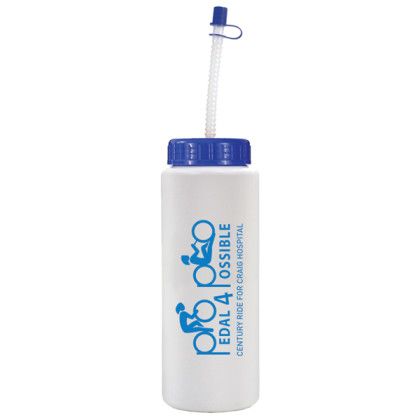 Custom 32 oz. Sports Bottle with Flexible Straw - White