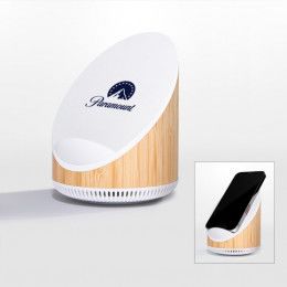 Custom Bamboo 15W Qi Charging Wireless Speaker and Phone Stand