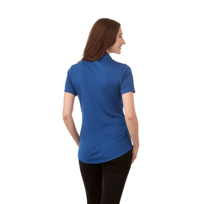 Custom Women's SAGANO Short Sleeve Polo - Olympic Blue Heather with Invictus - Back Custom Women's SAGANO Short Sleeve Polo - Olympic Blue Heather with Invictus - Back