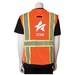 Custom Orange Two-Tone 11 Pocket Tech-Ready Mesh Surveyors Vest- Back with Logo