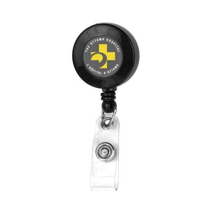 Custom 30" Cord Round Retractable Badge Reel and Badge Holder with Rotating Alligator Clip - Black - Added Fee for 2nd Imprint Color