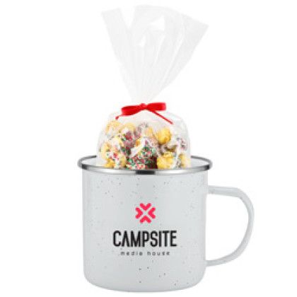 Custom Speckled Camping Mug - 16 oz., Deluxe Cocoa & S'mores Gift Set - White