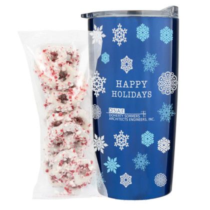 Custom 20 oz Tumbler Gift Set- White Chocolate Pretzels w/ Crushed Peppermint - Blue