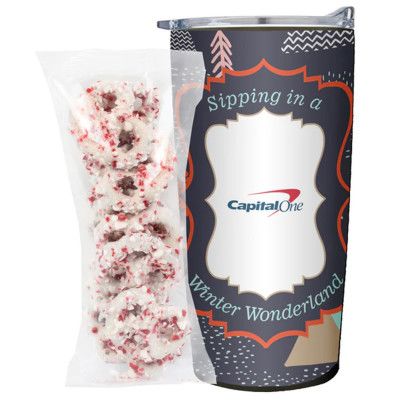 Custom 20 oz Tumbler Gift Set- White Chocolate Pretzels w/ Crushed Peppermint - Titanium