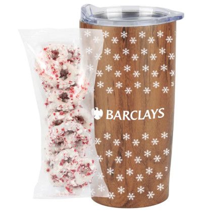 Custom 20 oz Tumbler Gift Set- White Chocolate Pretzels w/ Crushed Peppermint - Woodgrain