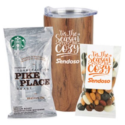 Custom 20 Oz. Tumbler Gift Set w/ Espresso Mix & Starbucks Pike Place Coffee - Woodgrain