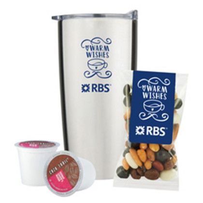 Custom 20 Oz. Straight Tumbler Gift Set w/ Espresso Mix & 2 Coffee Pods - Silver