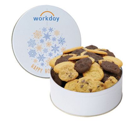 Custom Gourmet Cookie Tin with 2 in Assorted Gourmet Cookies - White Custom Gourmet Cookie Tin with 2 in Assorted Gourmet Cookies - White