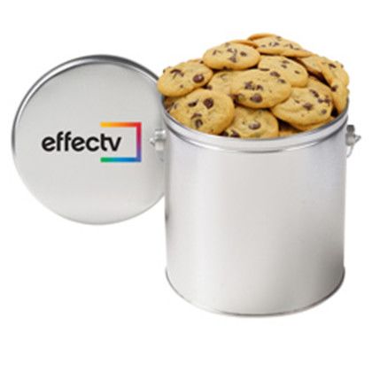 Custom Gallon Cookie Tin with 2 in. Gourmet Chocolate Chip Cookies - Silver