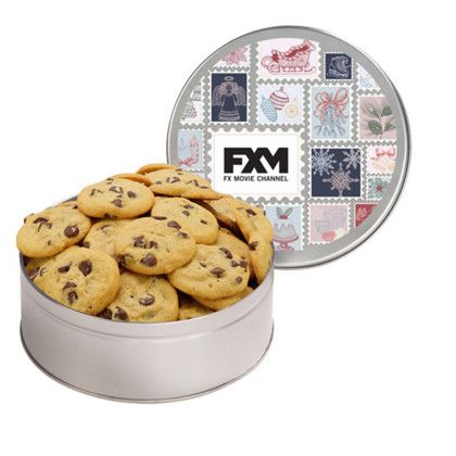 Custom Large Cookie Tin with 2 in. Gourmet Chocolate Chip Cookies - Silver