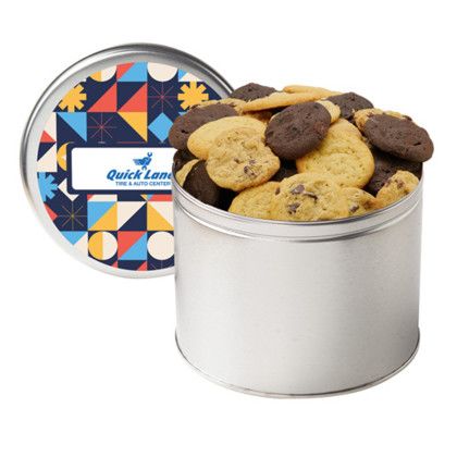 Custom Half Gallon Cookie Tin with 2 in. Assorted Gourmet Cookies - Silver