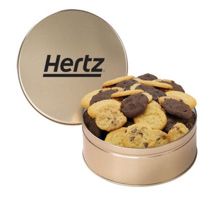 Custom Gourmet Cookie Tin with 2 in Assorted Gourmet Cookies - Gold Custom Gourmet Cookie Tin with 2 in Assorted Gourmet Cookies - Gold