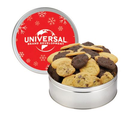 Custom Gourmet Cookie Tin with 2 in Assorted Gourmet Cookies - Silver Custom Gourmet Cookie Tin with 2 in Assorted Gourmet Cookies - Silver