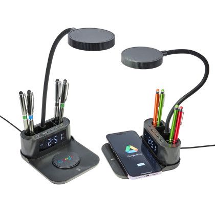 Solantis: Custom 15W Wireless Charger, Desk Lamp, Pen Holder, and Alarm Clock