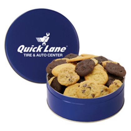 Custom Medium Cookie Tin with 2 in. Assorted Gourmet Cookies - Blue
