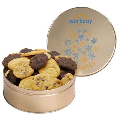 Custom Large Cookie Tin with 2 in. Cookies - Assorted Gourmet Cookies - Gold Custom Large Cookie Tin with 2 in. Cookies - Assorted Gourmet Cookies - Gold
