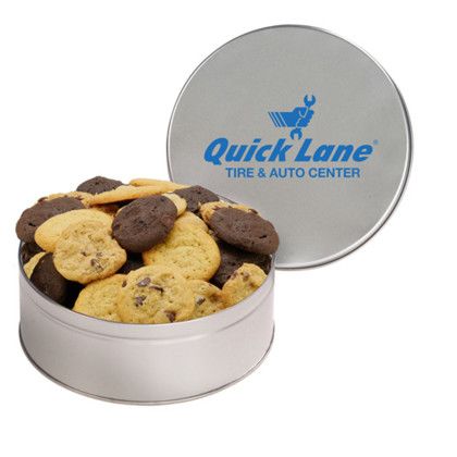 Custom Large Cookie Tin with 2 in. Cookies - Assorted Gourmet Cookies - Silver Custom Large Cookie Tin with 2 in. Cookies - Assorted Gourmet Cookies - Silver
