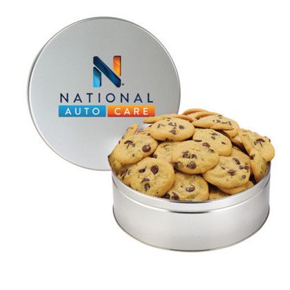Custom Extra Large Cookie Tin with 2 in. Gourmet Chocolate Chip Cookies - Silver