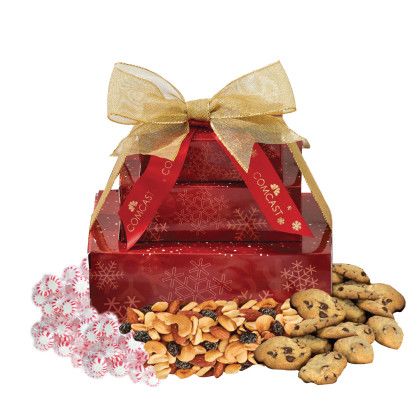 Custom Three-Tier Tower - Chocolate Chip Cookies - Red Snowflake Box