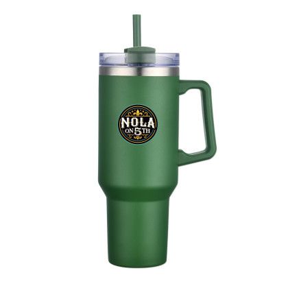 Custom 40 Oz. Stainless Steel Travel Mug with Handle and Straw - Green - Added Fee for Full-Color Imprint