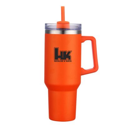 Custom 40 Oz. Stainless Steel Travel Mug with Handle and Straw - Orange