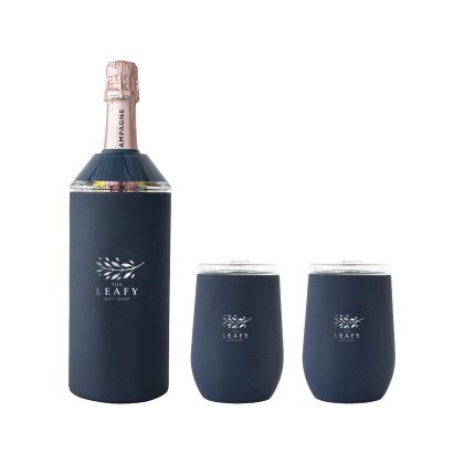 Custom Vinglace Wine Bottle Insulator & 2 Glass Gift Set, Premium Laser Engraved - Navy Blue