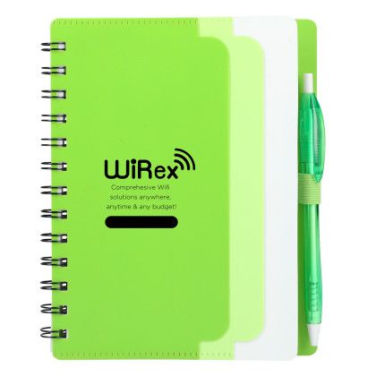 Custom 5" x 7" Recycled Dual Pocket Spiral Notebook w Pen - Lime
