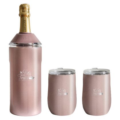 Custom Vinglace Wine Bottle Insulator & 2 Glass Gift Set, Premium Laser Engraved - Rose Gold