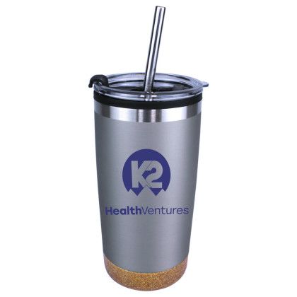 Custom Halcyon 20 oz. Cork Bottom Tumbler Stainless Straw/Flip Top Lid - Metallic Silver