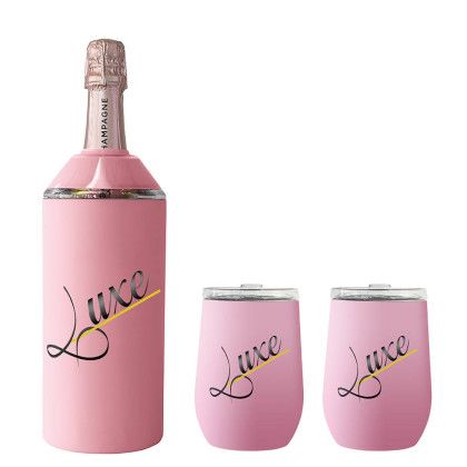 Custom Vinglace Wine Bottle Insulator & 2 Glass Gift Set - Rose