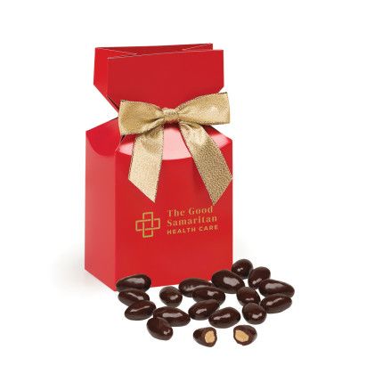 Custom Dark Chocolate Covered Almonds in Red Premium Delights Gift Box