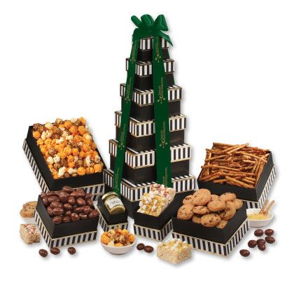 Custom Flavorful Delights Gift Tower - Green Ribbon Custom Flavorful Delights Gift Tower - Green Ribbon