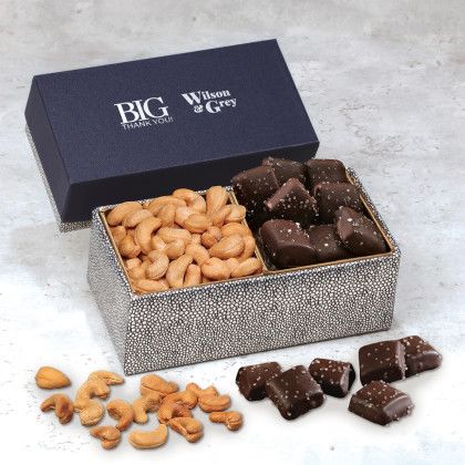Custom Cashews & Chocolate Sea Salt Caramels in Navy & Silver Gift Box