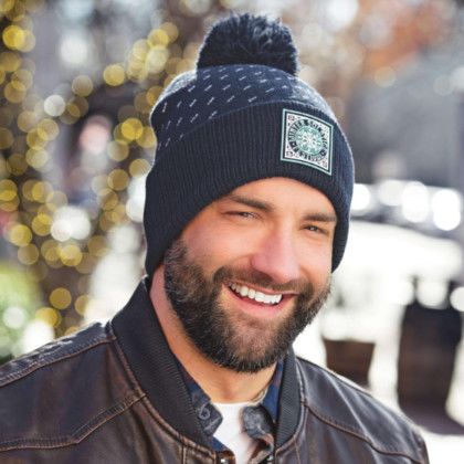 Custom Diagonal Design Knit Beanie Hat with Embroidered Cuff